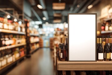 Blank sign in a store with shelves stocked with bottles blurred in background.