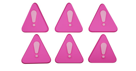 3D Pink Arche Warning Alert Icon Set – Triangle Caution Sign with Exclamation Mark 3D illustration