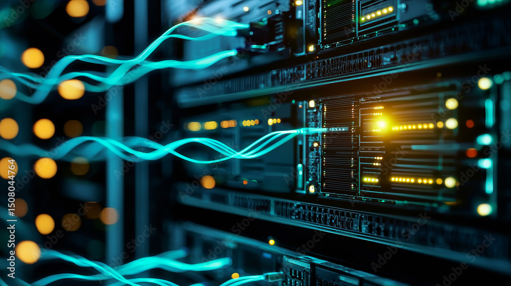 Poster data center with glowing servers and dynamic light patterns.
