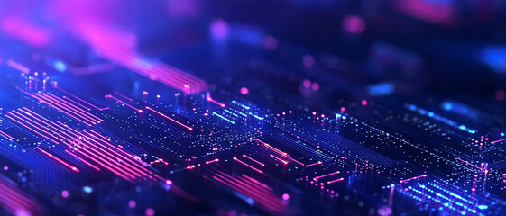 Neon circuit board with vibrant lights and intricate patterns.