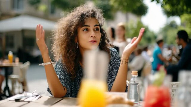 Surprised Young Woman Gesturing With Hands While Talking at Outdoor Cafe