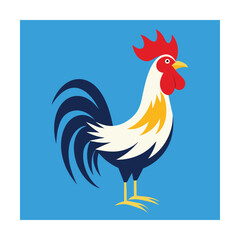 Colorful rooster illustration on a vibrant blue background depicting poultry farm animal