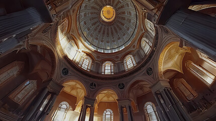 A majestic and expansive interior view of a grand basilica, featuring a colossal dome adorned with intricate golden patterns and illuminated by soft, ethereal light