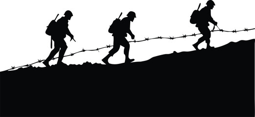 Silhouetted soldiers with helmets hike through barbed wire on a dark battlefield, suggesting struggle