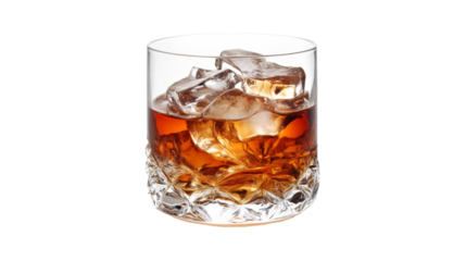 A glass of whiskey on the rocks with large ice cubes, served in a tumbler,Transparent background, PNG file
