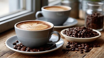 Coffee art latte beside beans on minimalist wooden table concept. Two stylish coffee cups with beans on a rustic wooden table.