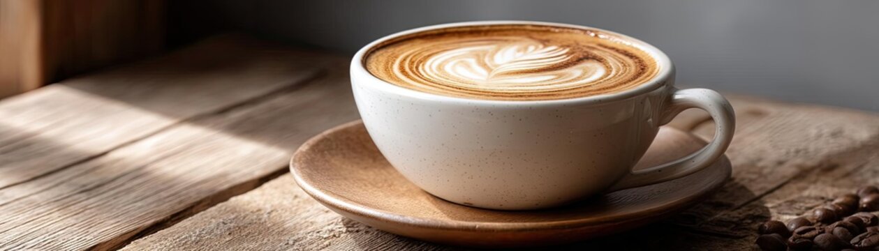 Coffee art latte on wooden table with natural light concept. A warm cup of coffee on a rustic wooden table, inviting bliss.