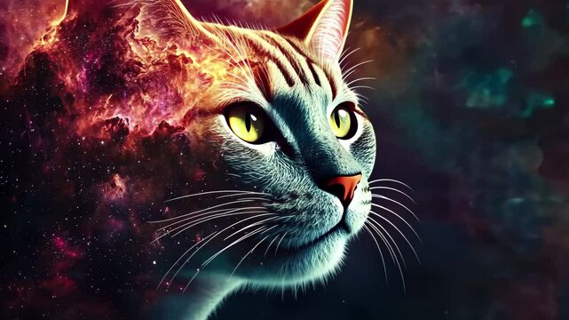 Cosmic cat silhouette emerges from a galactic landscape showcasing vibrant colors and swirling stars, cat head and outer space seamless ing timelapse virtual video Background