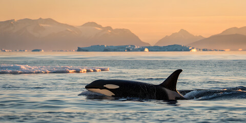 Fototapeta premium Orca Whale Swimming in Arctic Waters at Sunset 