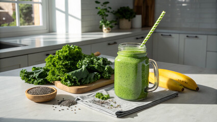 Fresh green smoothie in a mason jar with kale, bananas, and chia seeds on a kitchen counter in natural sunlight for healthy living
