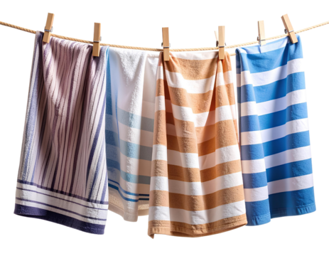 Colorful Beach and Bath Towels Draped on Rope Line with Clothespins, Transparent PNG