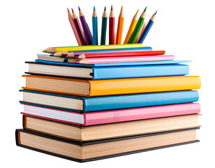 Colorful Pencils Lying on Top of a Pile of School Books on Study Table, Transparent Background