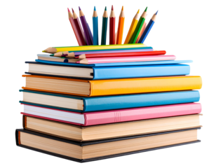Colorful Pencils Lying on Top of a Pile of School Books on Study Table, Transparent Background