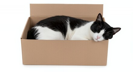 Peaceful Tuxedo Cat Comfortably Sleeping Inside Brown Cardboard Box Isolated on White Background Showcase Domestic Feline in Restful Pose Perfect for Pet Care Themes