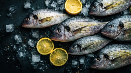 Several fish lie on a dark surface with lemon wedges and ice.