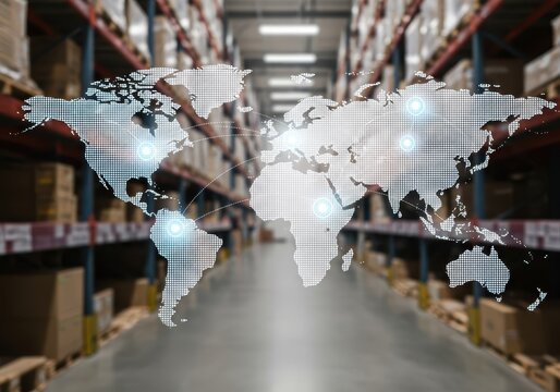 Global logistics network shown with world map overlay on warehouse photo - Powered by Adobe