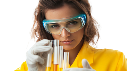 A female scientist in safety goggles holding test tubes, conducting experiments, Transparent background, PNG file