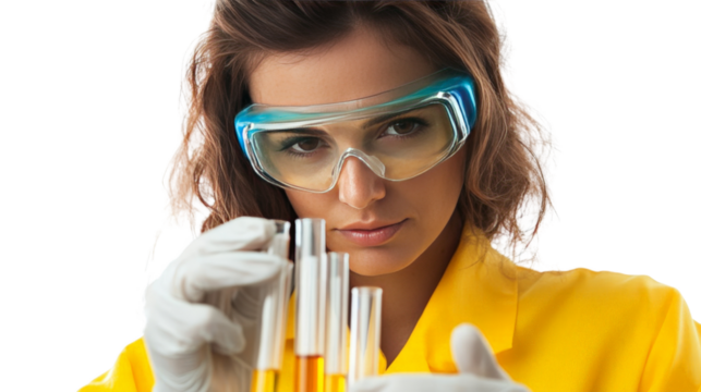 A female scientist in safety goggles holding test tubes, conducting experiments, Transparent background, PNG file