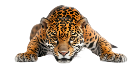 A fierce jaguar crouching low, muscles tense and ready to pounce, Transparent background, PNG file