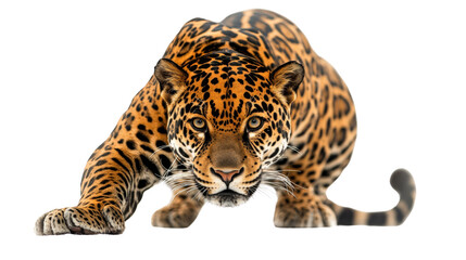 Obraz premium A fierce jaguar crouching low, muscles tense and ready to pounce, Transparent background, PNG file
