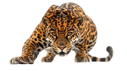 A fierce jaguar crouching low, muscles tense and ready to pounce, Transparent background, PNG file
