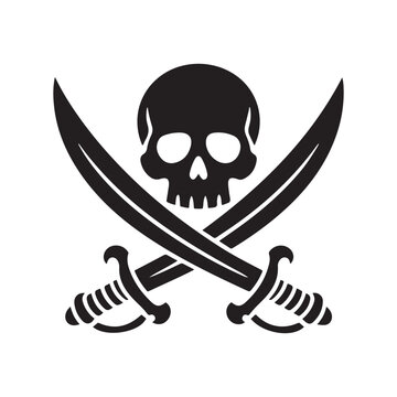 Pirate / piracy with skull and crossed swords flat icon for apps and websites. Vector black silhouette. with white background