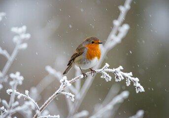 European robin perched on a snow covered branch in winter snowfall