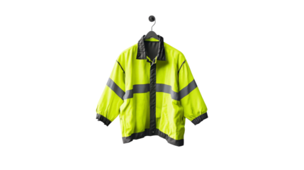 A high-visibility safety jacket hanging on a hook, isolated on a white background