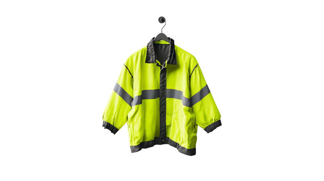 A high-visibility safety jacket hanging on a hook, isolated on a white background