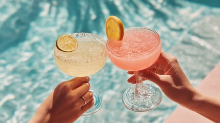 Two hands holding cocktails with citrus slices near blue water.