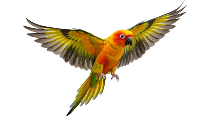 Obraz premium Vibrant parrot soaring on black background