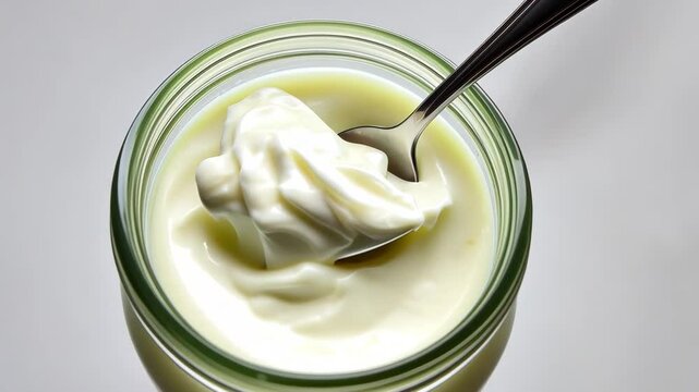 Creamy yogurt served in a glass jar with a spoon, perfect for a refreshing snack any time of day, Creamy yogurt in glass jar with spoon on white background