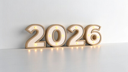 Modern graphic of the year 2026, featuring sleek white digits with vibrant red borders and subtle shadows