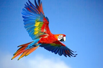 Vibrant macaw in flight against a clear sky.