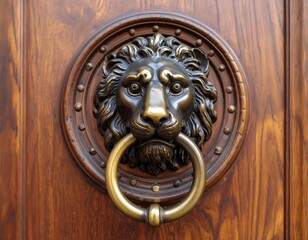 Ornate lion's head door knocker on rich wood