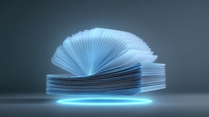 A futuristic representation of a book with glowing pages and holographic effects.