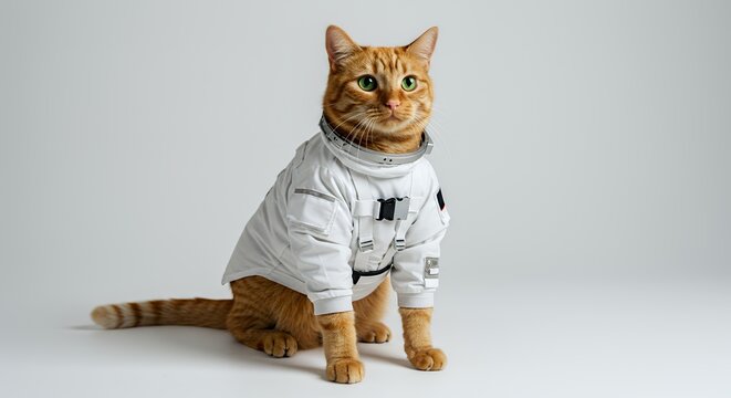 Orange Tabby Cat Wearing White Spacesuit Sitting Isolated on White Background