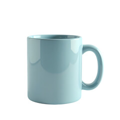 A light blue ceramic mug stands isolated against a stark black background in a studio setting isolated on transprent background