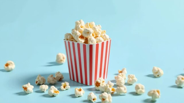 Container of popcorn scattered on a blue background  