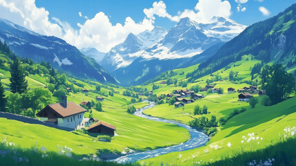 Fototapeta premium Midjourney Bot APP — 9/13/24, 3:06 PM Beautiful Alps landscape with village, green fields, mountain river at sunny day.