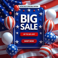 American patriotic 4th July sale background with national flag waves, celebration balloons, discount tag, and promotional call to action for holiday marketing campaign, ecommerce, and digital ads