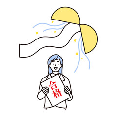 くす玉と合格して喜ぶ女子高校生のシンプルなイラスト素材