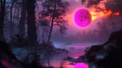 Fototapeta premium A mystical and enchanting scene of a forest clearing illuminated by a vibrant glowing pink moon reflected in the stillness of a serene lake creating a dreamlike and otherworldly atmosphere