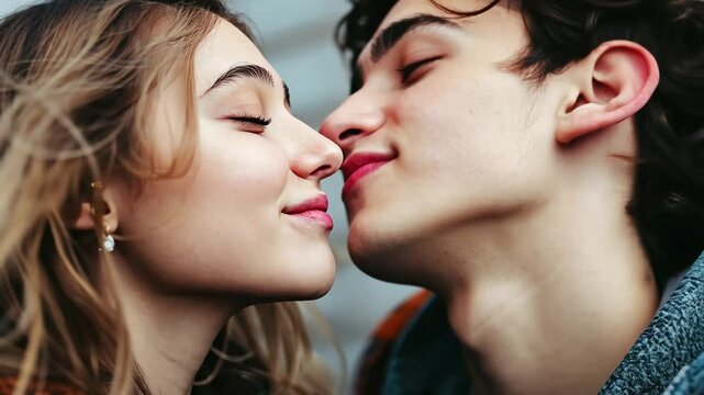 First kiss between a teenage couple in love on a breezy afternoon in a cozy outdoor setting, First kiss of a teenage couple in love