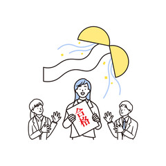 くす玉と合格して喜ぶ女子高校生と女性と男性の先生のシンプルなイラスト素材