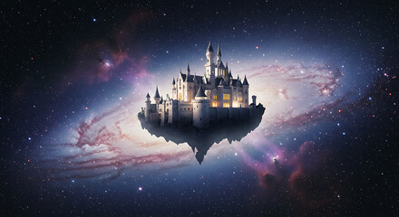 Magical Floating Castle in a Starry Galaxy Fantasy Island Fairytale Dream