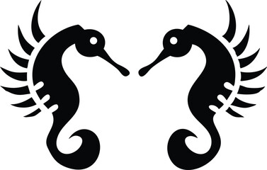 Two facing seahorses with spiky crests display bold silhouette shapes and simple elegance