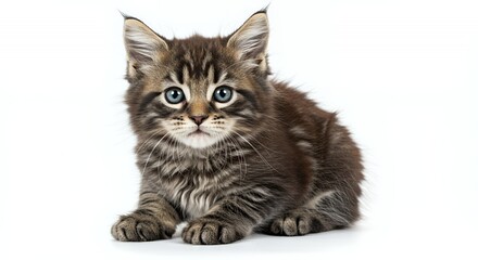 Obraz premium Isolated Maine Coon Kitten with Striking Blue Eyes Against a White Background Featuring Detailed Fur and Expressive Gaze For Various Creative Projects