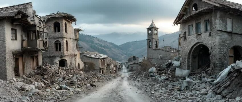Destruction after a devastating earthquake in a mountain community.