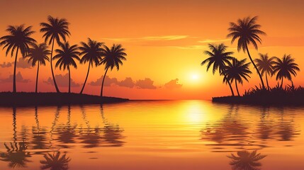 Silhouette of tropical island at sunset.